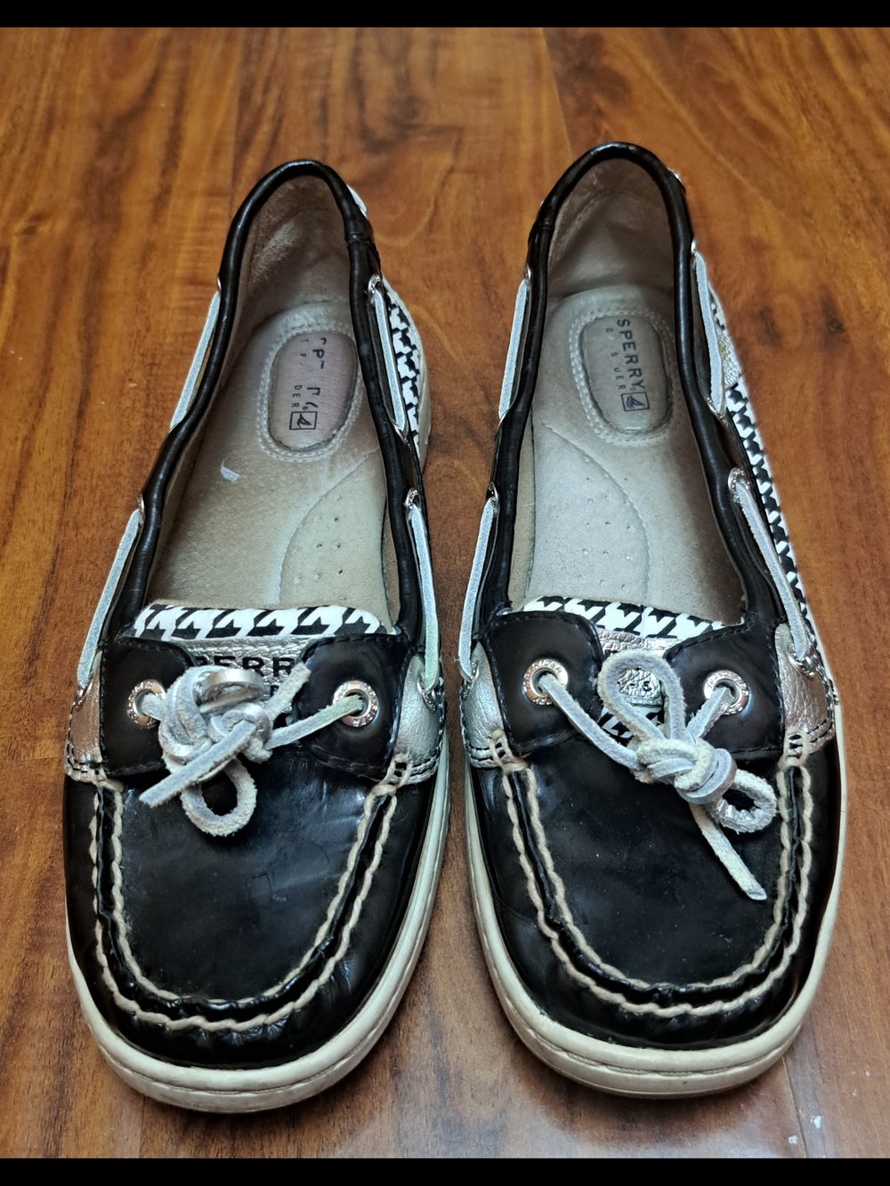 Sperry Top Sider Black and White Houndstooth-Trim Boat Shoes Size 7